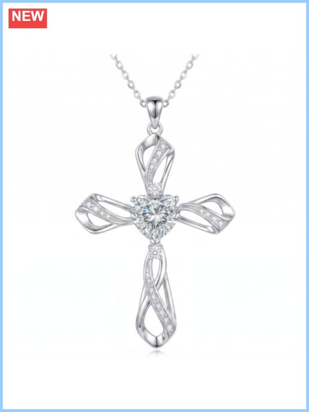 18K White Gold Plated Celtic Heart Cross Necklace with Cubic Zirconia